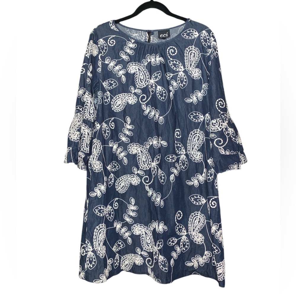 Eci‎ New York Denim Paisley And Floral Print Embroidered Shift Dress Size 12